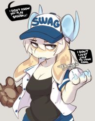 Rule 34 | 1girl, artist name, ball, baseball, baseball cap, baseball glove, breasts, cleavage, collarbone, colored skin, english text, furry, furry female, hat, holding, holding ball, horns, large breasts, looking at viewer, open mouth, original, sketch, solo, speech bubble, teranen, upper body, white skin