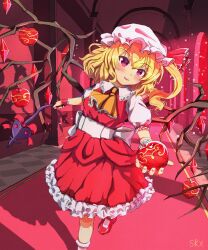 Rule 34 | 1girl, ascot, blonde hair, blush, branch, crystal wings, dress, flandre scarlet, frills, hallway, hat, hat ribbon, highres, indoors, laevatein (touhou), mary janes, medium hair, mob cap, puffy short sleeves, puffy sleeves, red dress, red ribbon, ribbon, shoes, short sleeves, side ponytail, smile, solo, touhou, user ddzr7224, yellow ascot