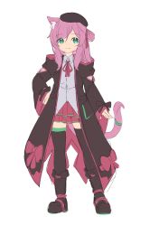 Rule 34 | 1girl, absurdres, animal ears, beret, blouse, bow, brown coat, brown footwear, brown thighhighs, cat ears, cat girl, cat tail, closed mouth, coat, commentary, english commentary, fold-over boots, full body, green eyes, grey shirt, hair ribbon, hand on own hip, hat, highres, klaius, long hair, long sleeves, looking at viewer, miniskirt, neck ribbon, open clothes, open coat, original, pink hair, red bow, red ribbon, red skirt, ribbon, shirt, simple background, sketch, skirt, smile, solo, tail, tail ornament, tail ring, thighhighs, white background, zettai ryouiki