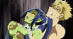 Rule 34 | 1boy, 1girl, abs, ahegao, animated, animated gif, bare shoulders, blonde hair, blue hair, breasts, breasts out, closed eyes, colored skin, female goblin, goblin, gobuko nggiell, grabbing, grabbing another&#039;s breast, grabbing another's breast, grabbing from behind, green skin, guided breast grab, guiding hand, halterneck, horns, large breasts, long hair, monster girl, muscular, muscular female, open mouth, peter grill, peter grill to kenja no jikan, pointy ears, ponytail, sidelocks, skull, toned, tongue, tongue out