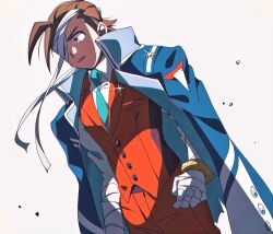 Rule 34 | 1boy, ace attorney, antenna hair, apollo justice, aqua eyes, aqua necktie, arms at sides, bandaged arm, bandaged fingers, bandaged hand, bandaged head, bandages, blue jacket, bracelet, brown eyes, brown hair, buttons, collared jacket, collared shirt, cowboy shot, despair, dutch angle, formal, grgrton, jacket, jacket on shoulders, jewelry, lapels, male focus, necktie, one eye covered, open clothes, open jacket, pants, parted lips, phoenix wright: ace attorney - dual destinies, red pants, red suit, red vest, shirt, short hair, simple background, sleeves past elbows, solo, suit, sweat, vest, white background, white shirt