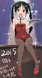 Rule 34 | 1girl, 2015, :d, alternate costume, aqua eyes, arm support, bare shoulders, black hair, blush, breasts, collarbone, detached collar, duplicate, francesca lucchini, hair ribbon, highres, leotard, long hair, looking at viewer, new year, open mouth, pantyhose, pixel-perfect duplicate, playboy bunny, red leotard, ribbon, sitting, small breasts, smile, solo, sparkle, strike witches, tokiani, tray, twintails, very long hair, world witches series, wrist cuffs