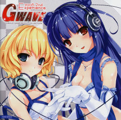 Rule 34 | 00s, 2009, 2girls, :d, album cover, bare shoulders, blonde hair, blue eyes, blue hair, blush, breasts, cleavage, collarbone, copyright request, cover, crop top, double bun, elbow gloves, gloves, hair bun, headphones, highres, holding hands, idol, jewelry, large breasts, long hair, looking at viewer, medium breasts, midriff, misaki kurehito, multiple girls, necklace, open mouth, red eyes, scan, scarf, short hair, smile, very long hair, white gloves