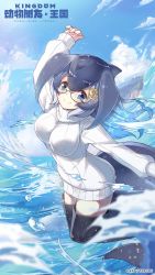 Rule 34 | 1girl, anchor hair ornament, arm up, black hair, blowhole, blue eyes, blue hair, blue whale (kemono friends), boots, cetacean tail, closed mouth, copyright name, copyright notice, day, dress, fins, fish tail, floating hair, glasses, hair ornament, head fins, highres, japari symbol, kemono friends, long hair, long sleeves, looking at viewer, multicolored hair, ocean, official art, outdoors, outstretched arm, parted bangs, ribbed sweater, semi-rimless eyewear, sleeves past wrists, smile, solo, sweater, sweater dress, tail, thigh boots, thighhighs, thighs, turtleneck, turtleneck sweater, under-rim eyewear, water, waves, whale girl, white sweater, zettai ryouiki