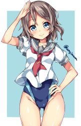 Rule 34 | 10s, 1girl, blouse, blue background, blue eyes, blue one-piece swimsuit, blush, collarbone, cowboy shot, crossed bangs, gluteal fold, grey hair, hand on own hip, head tilt, legs together, looking at viewer, love live!, love live! sunshine!!, md5 mismatch, neckerchief, one-piece swimsuit, outside border, parted bangs, resolution mismatch, salute, school uniform, serafuku, shirt, short sleeves, smile, solo, source smaller, swimsuit, swimsuit under clothes, thighs, tie clip, twitter username, two-tone background, unacchi (nyusankin), watanabe you, white shirt