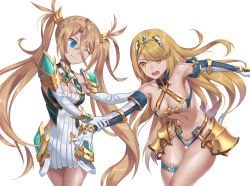 Rule 34 | 2girls, bare shoulders, bikini, blinking, blonde hair, blue eyes, bradamante (fate), bradamante (fate) (cosplay), bradamante (third ascension) (fate), breasts, cleavage, cosplay, costume switch, creator connection, dress, elbow gloves, fate/grand order, fate (series), gem, gloves, hair ornament, headpiece, jewelry, large breasts, long hair, multiple girls, mythra (xenoblade), mythra (xenoblade) (cosplay), navel, nintendo, open mouth, simple background, smile, swept bangs, swimsuit, tiara, twintails, very long hair, white background, white dress, xenoblade chronicles (series), xenoblade chronicles 2, yaxiya, yellow eyes