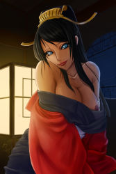 Rule 34 | 1girl, 7/11 (fukuso), bare shoulders, black hair, blue eyes, breasts, breasts out, cleavage, closed mouth, collarbone, eyelashes, hair ornament, head tilt, highres, lamp, large breasts, light, long hair, looking at viewer, mole, mole under eye, night, night sky, nipple slip, nipples, no bra, off shoulder, open clothes, oui, ponytail, red lips, sangokushi taisen, sky, smile, solo, tsurime