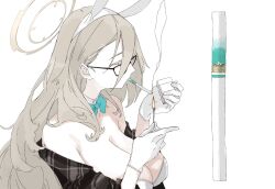 Rule 34 | 1girl, akane (blue archive), akane (bunny) (blue archive), animal ears, bare shoulders, blue archive, bow, bowtie, breasts, brown hair, cigarette, cigarette pack, cleavage, detached collar, fake animal ears, glasses, gloves, halo, highres, holding, holding cigarette, kawatiw, large breasts, leotard, long hair, matchbox, matches, playboy bunny, rabbit ears, shawl, simple background, smoke, smoking, solo, upper body, very long hair, white background, white gloves, white leotard