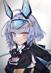 Rule 34 | 1girl, absurdres, ahoge, animal ears, black gloves, black jacket, blue eyes, blue hair, closed mouth, facial mark, fake animal ears, finger to mouth, gloves, hand up, headgear, heterochromia, highres, hood, hooded jacket, indie virtual youtuber, jacket, light blue hair, light blush, long sleeves, looking at viewer, mji (emucchi), sayu sincronisity, second-party source, short hair, solo, virtual youtuber, yellow eyes