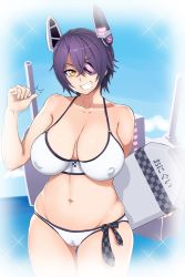 Rule 34 | 10s, 1girl, bikini, breasts, cameltoe, cleavage, cloud, collarbone, covered erect nipples, cowboy shot, curvy, eyepatch, female focus, gradient background, grin, headgear, highres, holding, kantai collection, large breasts, looking at viewer, meme50, navel, ocean, purple hair, short hair, sky, smile, solo, standing, swimsuit, teeth, tenryuu (kancolle), white bikini, wide hips, yellow eyes