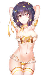 Rule 34 | 1girl, absurdres, armpits, arms behind head, arms up, bare arms, bikini, black hair, blush, breasts, choker, closed mouth, collarbone, commentary, cowboy shot, detached sleeves, frilled bikini, frills, gluteal fold, hair between eyes, hair ornament, head tilt, highres, looking at viewer, medium breasts, mizuno ai, navel, puffy short sleeves, puffy sleeves, red eyes, revision, ribbon choker, short hair, short sleeves, simple background, solo, standing, stomach, sunhyun, swimsuit, thigh gap, thighhighs, wavy mouth, white background, white thighhighs, yellow choker, zombie land saga