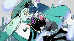Rule 34 | 2girls, bare shoulders, black sleeves, black thighhighs, blue eyes, blue hair, creatures (company), detached sleeves, game freak, ghost miku (project voltage), grey shirt, hat, hatsune miku, long hair, looking at another, mokeo, multiple girls, nintendo, poke flute, pokemon, project voltage, sandogasa, shirt, skirt, steel miku (project voltage), thighhighs, twintails, vocaloid