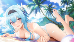 Rule 34 | 1girl, artist name, ass, barefoot, beach, bikini, black hairband, blue hair, blue sky, breast press, breasts, cloud, day, eula (genshin impact), feet, fukuro daizi, genshin impact, hair ornament, hairband, highres, large breasts, long hair, looking at viewer, lying, on stomach, open mouth, outdoors, palm tree, purple eyes, sand, signature, sky, smile, soles, solo, swimsuit, the pose, thighs, toenails, toes, tree, twitter username, white bikini