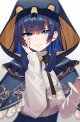 Rule 34 | 1girl, :d, animal hood, aotake iro, bag, blue capelet, blue eyes, blue hair, blunt bangs, blush, bow, capelet, colored inner hair, denim, frilled capelet, frills, hair intakes, hand on own cheek, hand on own face, highres, hololive, hololive english, hood, jeans, long hair, long sleeves, looking at viewer, multicolored hair, official alternate costume, open mouth, ouro kronii, ouro kronii (casual), pants, shirt, simple background, smile, snake hood, solo, turtleneck, two-tone hair, virtual youtuber, white background, white shirt