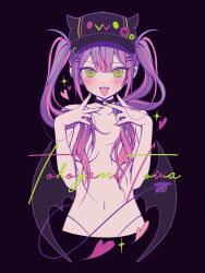 Rule 34 | 1girl, absurdres, black background, choker, green eyes, heart, heart-shaped pupils, highres, hololive, pinkuempire, purple hair, solo, symbol-shaped pupils, tail, tokoyami towa, tongue, tongue out, topless, twintails, v, virtual youtuber, wings