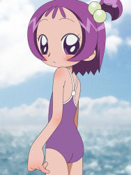 Rule 34 | 1girl, ass, blush, child, cloud, from behind, hair bobbles, hair ornament, hatomugisan, highres, long hair, looking at viewer, looking back, ojamajo doremi, one-piece swimsuit, ponytail, purple eyes, purple hair, purple one-piece swimsuit, segawa onpu, side ponytail, sky, swimsuit