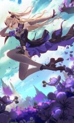 Rule 34 | 1girl, absurdres, bare shoulders, bat ornament, bird, black footwear, black ribbon, blonde hair, blue sky, bodystocking, bodystocking, boots, bow, bowtie, breasts, bridal gauntlets, bug, butterfly, castle, chuunibyou, cloud, cloudy sky, collar, crow, day, eyepatch, falling petals, field, fischl (genshin impact), flower, flower field, genshin impact, gloves, green eyes, hair over one eye, hair ribbon, high heels, highres, insect, kaka cathenal, leotard, long hair, looking at viewer, medium breasts, oz (genshin impact), petals, purple bow, purple bowtie, purple butterfly, purple flower, purple ribbon, ribbon, single bridal gauntlet, single glove, single leg pantyhose, single sleeve, single thighhigh, sky, smile, solo, tailcoat, thighhighs, two side up