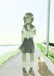 Rule 34 | 1girl, blue sailor collar, blue skirt, brown bag, brown footwear, brown hair, car, closed mouth, collarbone, commentary, crying, crying with eyes open, full body, grass, green eyes, hand up, inami hatoko, jacket, loafers, motor vehicle, neckerchief, original, pleated skirt, power lines, road, sailor collar, school uniform, serafuku, shirt, shoes, short-sleeved jacket, short hair, short sleeves, sidelocks, skirt, socks, solo, standing, tears, white neckerchief, white shirt, white socks