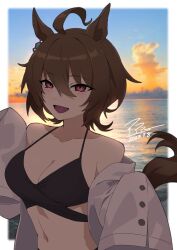 Rule 34 | 1girl, :d, agnes tachyon (umamusume), ahoge, alternate costume, animal ears, bikini, black bikini, breasts, brown hair, cleavage, coat, dated, empty eyes, hair between eyes, highres, horse ears, horse girl, lab coat, large breasts, messy hair, navel, off shoulder, open mouth, ppps, red eyes, short hair, signature, sleeves past fingers, sleeves past wrists, smile, solo, swimsuit, umamusume, upper body, white coat