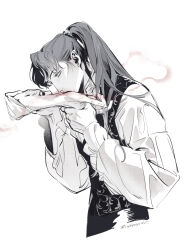 Rule 34 | 1boy, biting, biting arm, bleeding, blood, blush, cropped torso, hair over shoulder, hand on another&#039;s arm, highres, holding hands, kiss, kissing hand, long hair, long sleeves, looking at another, male focus, monochrome, nail polish, original, out of frame, ponytail, profile, simple background, smoke, solo focus, spot color, twitter username, vampire, vest, wrinkled skin, yayayoshi