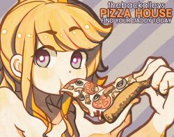 Rule 34 | 1girl, blonde hair, close-up, collarbone, d-floe, eating, english text, fins, food, head fins, holding, holding food, holding pizza, long hair, looking at viewer, original, pizza, purple eyes, shark girl, solo, swept bangs, upper body