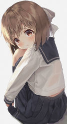 Rule 34 | 1girl, :t, black sailor collar, black skirt, black socks, blush, bow, brown eyes, brown hair, closed mouth, commentary request, from behind, grey background, hagiwara yukiho, hair bow, idolmaster, idolmaster (classic), knees up, long sleeves, looking at viewer, looking back, mimikaki (men bow), no shoes, pleated skirt, pout, sailor collar, skirt, sleeves past wrists, socks, solo, squatting, white bow