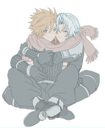 Rule 34 | 2boys, absurdres, black footwear, black gloves, blonde hair, blue eyes, blush, boots, closed mouth, cloud strife, commentary request, final fantasy, final fantasy vii, final fantasy vii ever crisis, gloves, green eyes, grey hair, highres, holding, hug, hug from behind, male focus, multiple boys, none (kameko227), pants, pink scarf, scarf, sephiroth, shared clothes, shared scarf, short hair, smile, white background, yaoi