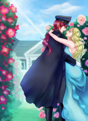 Rule 34 | 2girls, bad id, bad pixiv id, blonde hair, blue dress, blue eyes, blush, boots, cape, day, dress, eye contact, face-to-face, gloves, hat, house, hug, lips, long hair, looking at another, low ponytail, mansion, military, military uniform, multiple girls, open mouth, original, outdoors, peaked cap, red hair, riichi (rouchi), rose bush, standing, tears, uniform, white gloves, yuri
