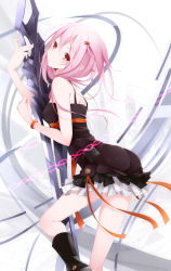 Rule 34 | 10s, 1girl, ass, bare shoulders, black dress, boots, bracelet, dress, guilty crown, hair ornament, hairclip, jewelry, kujou ichiso, legs, long hair, orange eyes, pink hair, ribbon, short dress, sleeveless, solo, sword, weapon, yuzuriha inori