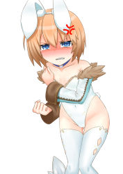 Rule 34 | 10s, 1girl, absurdres, anger vein, animal ears, bare shoulders, blanc (neptunia), blue eyes, blush, brown hair, detached collar, fake animal ears, highres, leotard, looking at viewer, marumatto, neptune (series), playboy bunny, rabbit ears, rabbit tail, short hair, solo, tail, tears, wrist cuffs
