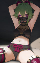 Rule 34 | 1girl, armpits, arms behind head, arms up, bare arms, bare shoulders, black shirt, black shorts, black thighhighs, bound, bound wrists, breasts, crop top, genshin impact, gold trim, green hair, highres, kuki shinobu, long hair, looking at viewer, mask, midriff, mochirong, mouth mask, navel, panties, panty peek, purple eyes, shirt, short shorts, shorts, sleeveless, sleeveless shirt, small breasts, solo, spread legs, stomach, thighhighs, thighs, underwear, white panties