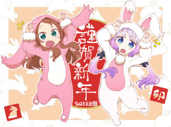 Rule 34 | 2girls, :d, :o, animal, animal costume, animal ears, arms up, beads, blue eyes, blunt bangs, blush, brown hair, chinese zodiac, commentary, fake animal ears, fake tail, fur-trimmed sleeves, fur trim, gradient hair, green eyes, hair beads, hair ornament, highres, kanna kamui, kobayashi-san chi no maidragon, long hair, looking at viewer, low twintails, multicolored hair, multiple girls, new year, open mouth, pom pom (clothes), purple hair, rabbit, rabbit costume, rabbit ears, rabbit pose, rabbit tail, saikawa riko, samansa ex, slit pupils, smile, tail, translation request, twintails, very long hair, year of the rabbit