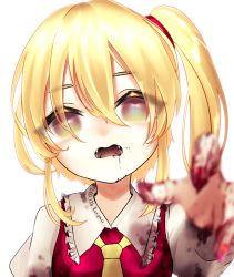 Rule 34 | 1girl, artist request, ascot, blonde hair, blood, blood from mouth, blood on face, blurry, blurry foreground, blush, crystal, depth of field, flandre scarlet, frilled shirt collar, frills, hair between eyes, highres, looking at viewer, nail polish, no headwear, one eye closed, one side up, red eyes, red nails, red vest, shirt, short sleeves, side ponytail, solo, tongue, tongue out, touhou, vest, white background, wings