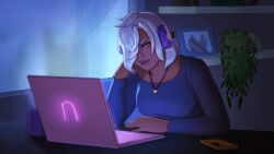 Rule 34 | 1girl, absurdres, breasts, brown lips, commentary, computer, dark-skinned female, dark skin, english commentary, entheighth, eyebrows hidden by hair, head rest, headphones, highres, jewelry, laptop, medium breasts, medium hair, necklace, original, picture frame, plant, purple hair, shelf, solo, upper body, white hair, window