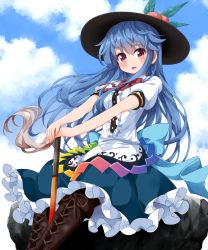 Rule 34 | 1girl, :d, between legs, black hat, blue hair, blue skirt, blue sky, blush, boots, bow, bowtie, brown footwear, center frills, cloud, cross-laced footwear, day, eyelashes, floating rock, food, frilled skirt, frills, fruit, hat, highres, hinanawi tenshi, knee boots, lace-up boots, long hair, looking at viewer, open mouth, outdoors, peach, rainbow order, red bow, red bowtie, red eyes, ruu (tksymkw), shirt, short sleeves, sitting, skirt, sky, smile, solo, sword, tareme, touhou, very long hair, weapon, white shirt