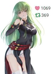 Rule 34 | 1girl, absurdres, belt, black dress, breasts, budgiepon, c.c., code geass, detached sleeves, dress, finger to mouth, gold trim, green hair, heart, highres, index finger raised, like and retweet, long hair, looking at viewer, medium breasts, meme, multiple belts, red belt, short shorts, shorts, shushing, simple background, solo, twitter strip game (meme), very long hair, white background, white shorts, yellow eyes