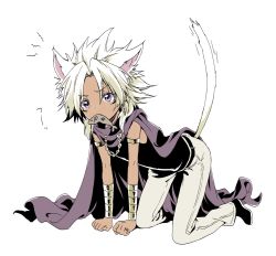 1boy all_fours animal_ears bad_id bad_pixiv_id cape cat_boy cat_ears cat_tail earrings fish jewelry kona_(canaria) male_focus marik_ishtar mouth_hold solo tail yami_marik yu-gi-oh!