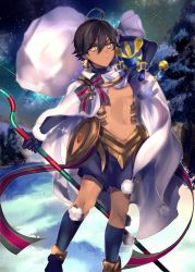 Rule 34 | 1boy, aged down, ahoge, black hair, cape, child, dark-skinned male, dark skin, fate/grand order, fate/prototype, fate/prototype: fragments of blue and silver, fate (series), highres, looking at viewer, male focus, ozymandias (fate), pom pom (clothes), ribbon, santa costume, shorts, solo, sphinx awlad, yellow eyes