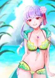 Rule 34 | 1girl, absurdres, armlet, bare shoulders, beach, bikini, blue sky, blush, braid, braided ponytail, breasts, cleavage, collarbone, earrings, fate/grand order, fate (series), flower, frills, green bikini, green vest, grin, hair flower, hair ornament, hair ribbon, highres, hood, hooded vest, hoodie, huge filesize, jewelry, kama (fate), kama (swimsuit avenger) (fate), kama (swimsuit avenger) (second ascension) (fate), large breasts, long hair, looking at viewer, lotus, nail polish, necklace, pendant, red eyes, ribbon, shore, silver hair, sky, smile, solo, swimsuit, thighs, vest, white 3326