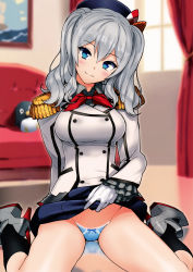 Rule 34 | arm behind back, black socks, blue eyes, blue panties, blurry, blush, boots, bow, bow panties, breasts, clothes lift, cosplay, depth of field, detexted, epaulettes, frills, gloves, hair between eyes, hat, head tilt, high heel boots, high heels, highres, indoors, kantai collection, kashima (kancolle), kashima (kancolle) (cosplay), lace, lace-trimmed panties, lace trim, long hair, long sleeves, medium breasts, ootomo takuji, panties, reflection, reflective floor, scan, silver hair, sitting, skirt, skirt lift, smile, socks, solo, string panties, thighs, third-party edit, two side up, underwear, wariza, white gloves