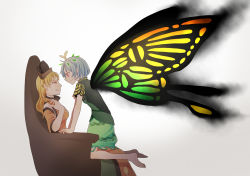 Rule 34 | 2girls, antennae, arm support, aura, bad id, bad pixiv id, barefoot, blonde hair, blue hair, butterfly wings, chair, eternity larva, eye contact, from side, grimace, hand on own shoulder, hat, highres, insect wings, kneeling, leaf, leaf on head, long hair, long sleeves, looking at another, matara okina, multiple girls, o tsu, profile, red eyes, short hair, short sleeves, simple background, smile, straddling, tabard, touhou, white background, wings