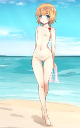 Rule 34 | 1girl, :o, bad id, bad pixiv id, beach, blonde hair, blue eyes, blue sky, blush, bow, braid, breasts, bright pupils, censored, cloud, completely nude, cookie (touhou), day, full body, hair bow, highres, holding, holding towel, horizon, kirisame marisa, looking at viewer, meguru (cookie), momendoufu, mosaic censoring, navel, nipples, nude, ocean, open mouth, outdoors, pussy, red bow, sand, short hair, side braid, single braid, sky, small breasts, solo, touhou, towel, walking, white pupils