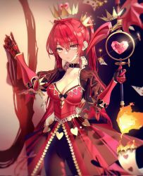 Rule 34 | 1girl, bike shorts, breasts, card, choker, cleavage, crown, dress, fire, gloves, grimlight, heart, highres, holding, holding weapon, ilchillilgong, long hair, long sleeves, looking at viewer, mini crown, queen of hearts (grimlight), red eyes, red hair, solo, staff, twintails, weapon