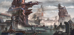 Rule 34 | absurdres, artist name, building, chinese text, cloud, construction, crane (machine), dam, day, dock, dust, fan wennan, harbor, highres, military, military vehicle, ocean, outdoors, scenery, science fiction, ship, sign, sky, structure, warship, water, watercraft, watermark, web address
