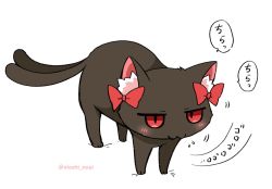 Rule 34 | :3, animal ear fluff, artist name, black cat, blush, bow, cat, flying sweatdrops, full body, jitome, kaenbyou rin, kaenbyou rin (cat), looking at viewer, multiple tails, nekomata, no humans, noai nioshi, red bow, red eyes, simple background, slit pupils, tail, touhou, translation request, two tails, white background