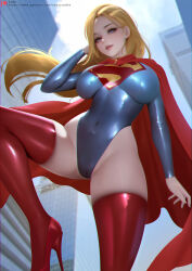 Rule 34 | athletic leotard, bare hips, blonde hair, blue eyes, blue leotard, breasts, building, cape, chinese commentary, commentary request, covered navel, dc comics, feet out of frame, from below, high heels, highleg, highleg leotard, highres, impossible clothes, large breasts, leotard, lips, long sleeves, patreon logo, pumps, red cape, red thighhighs, sade abyss, shoes, stiletto heels, supergirl, thighhighs