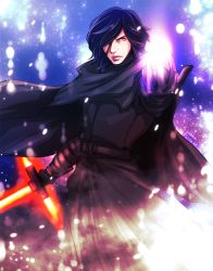 Rule 34 | 1boy, animification, bad id, bad pixiv id, black gloves, black hair, blood, cloak, energy sword, fujiko one, gloves, hair over one eye, holding, holding weapon, kylo ren, lightsaber, lips, male focus, mask, scar, sith, snowing, solo, star wars, star wars: the force awakens, sword, unworn mask, weapon, yellow eyes