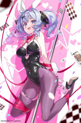 Rule 34 | 1girl, animal ears, arms behind back, black leotard, blue eyes, blue hair, blush, breasts, card, cleavage, commentary request, covered navel, cuffs, detached collar, fake animal ears, fake tail, handcuffs, hatsune miku, high heels, highleg, highleg leotard, highres, hong (white spider), leotard, looking at viewer, medium breasts, medium hair, open mouth, pantyhose, playboy bunny, playing card, pole, rabbit ears, rabbit hole (vocaloid), rabbit tail, ribbon, smile, solo, stripper pole, tail, twintails, vocaloid