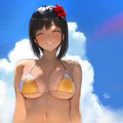 Rule 34 | 1girl, ^ ^, bikini, black hair, blue sky, breasts, clenched teeth, closed eyes, cloud, commentary request, day, flower, hair flower, hair ornament, hibiscus, large breasts, original, outdoors, red flower, short hair, signature, sky, smile, solo, summer, swimsuit, tan, teeth, upper body, yaegashi nan, yellow bikini