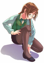 Rule 34 | 1girl, adjusting clothes, adjusting shoe, black footwear, black pantyhose, black skirt, blue shirt, bow, bowtie, braid, brown eyes, brown hair, collared shirt, dress shirt, e20, full body, glasses, hair over shoulder, long hair, long sleeves, looking down, original, pantyhose, pencil skirt, plaid, round eyewear, shadow, shirt, shoes, simple background, skirt, solo, squatting, twin braids, twintails, vest, white background